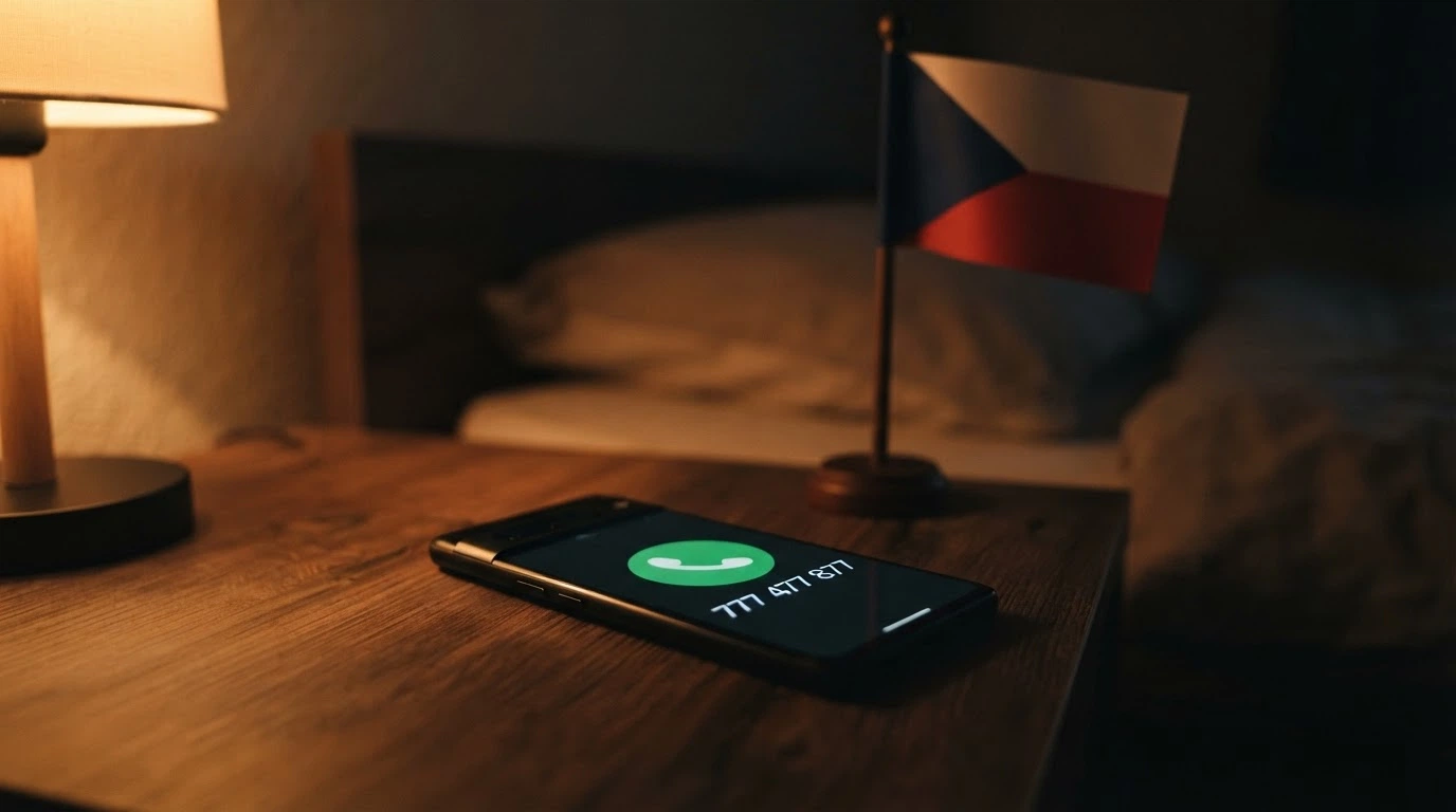 Telefon s vytočeným číslem linky pomoci na displeji, v pozadí česká vlajka