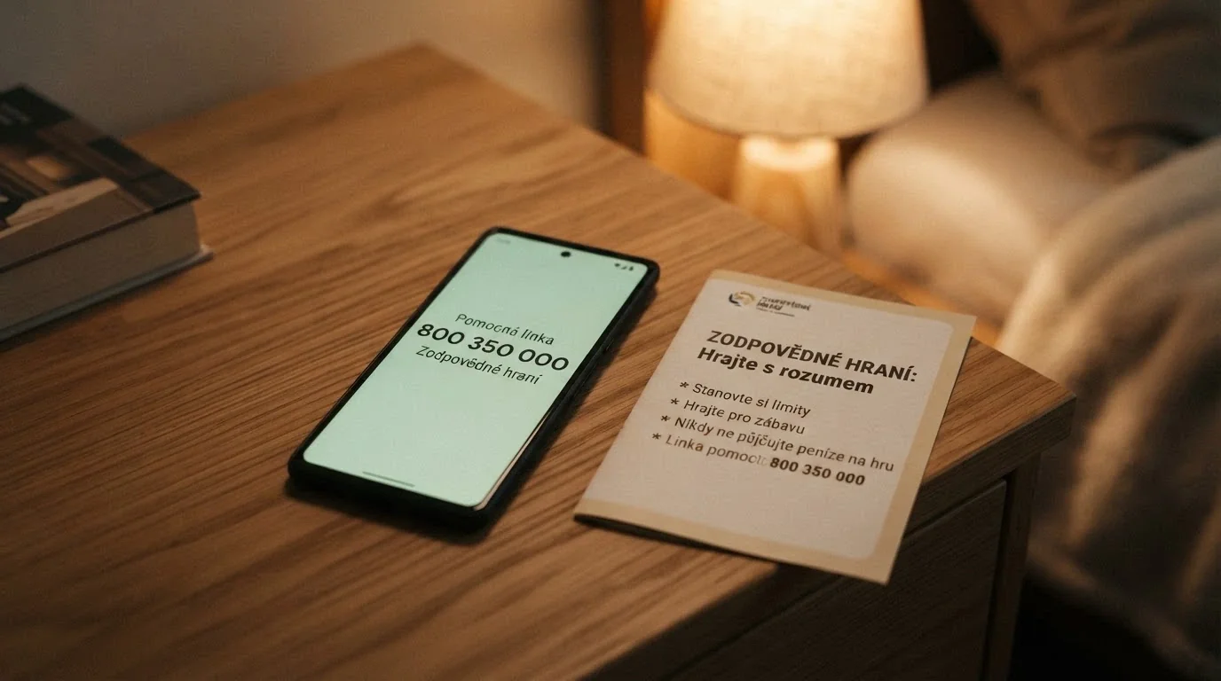 Telefon s vytočeným číslem linky pomoci na displeji a informační leták o zodpovědném hraní