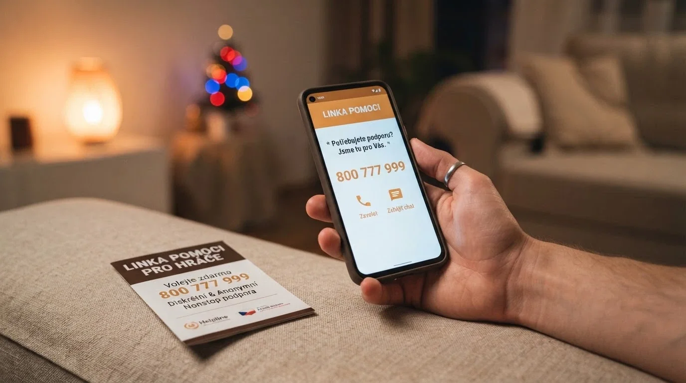 Telefon s vytočeným číslem Linky pomoci 777 477 877 na displeji, vedle něj vytištěný leták s kontakty na odbornou pomoc, v rozostřeném pozadí casino prostředí s automaty