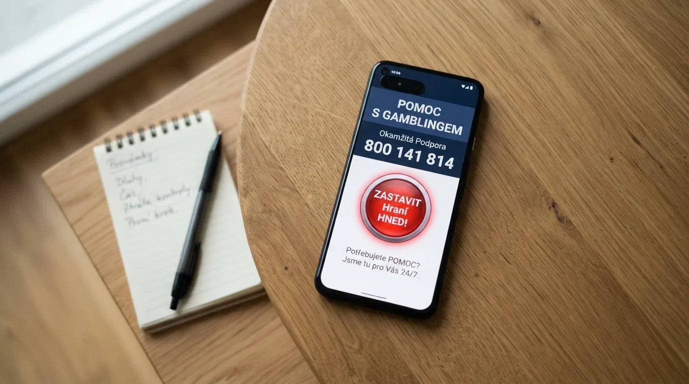 Telefon s číslem linky pomoci 800 350 000 a ikonou panic button na obrazovce