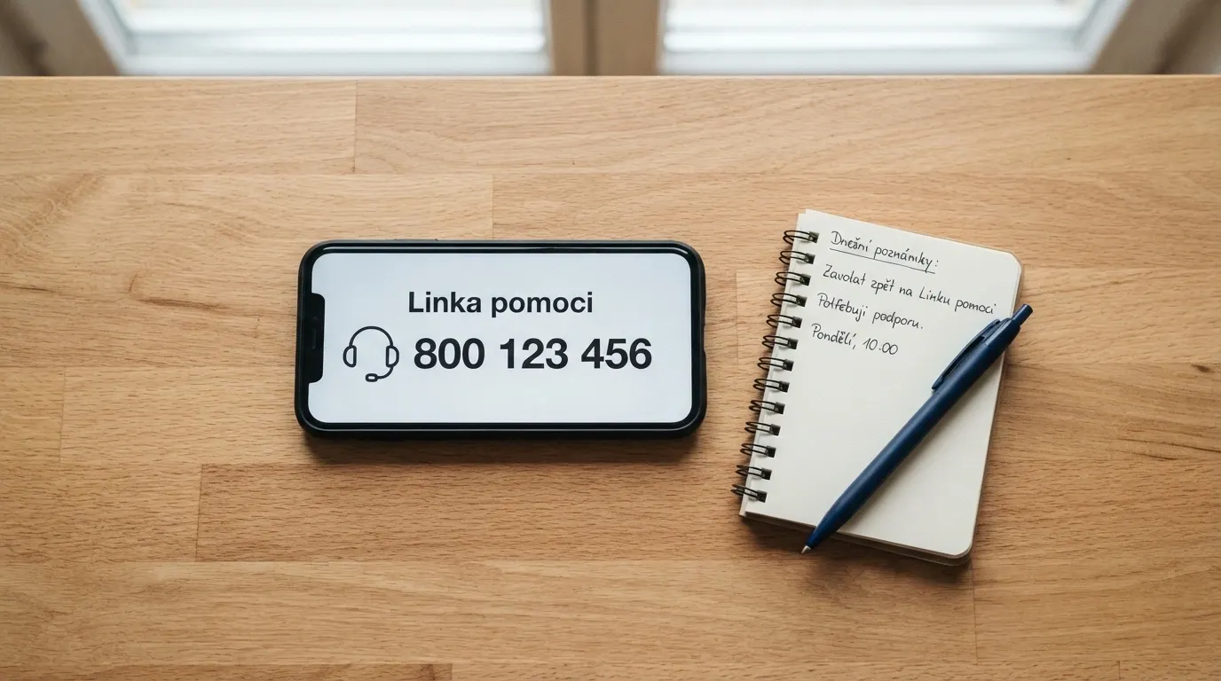 Telefon s vytočeným číslem linky pomoci na displeji a poznámkový blok s čísly