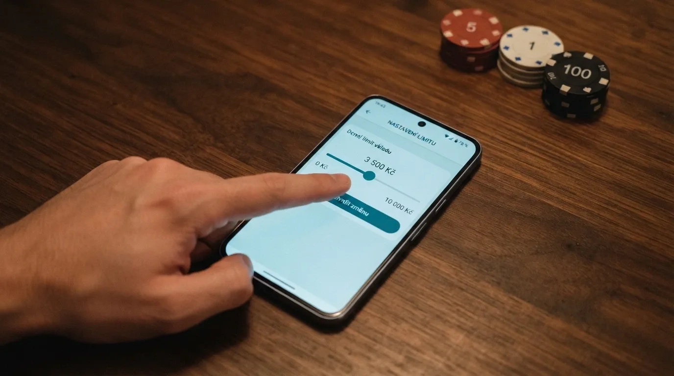 Telefon s vytočeným číslem linky pomoci na displeji, vedle něj symbol zodpovědného hraní — ruka s ikonou stop