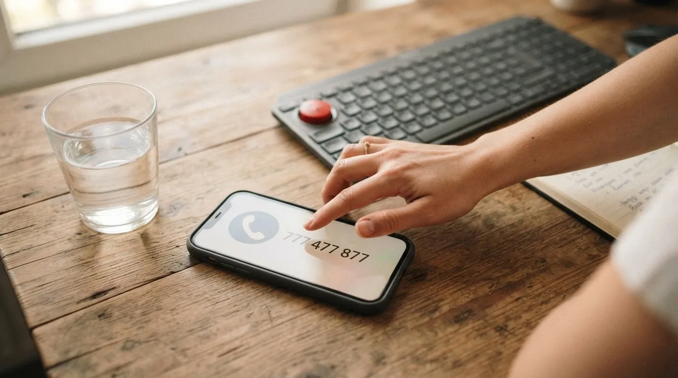 Telefon s vytočenou linkou pomoci na displeji, vedle sklenice vody a klávesnice s červeným tlačítkem symbolizujícím panic button